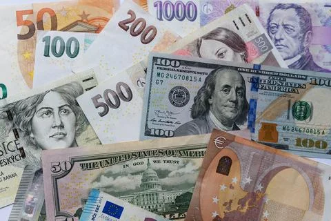 Banknotes of different countries background, top view Stock Photos