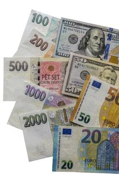 Banknotes of different countries background, top view Stock Photos