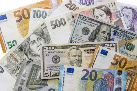 Banknotes of different countries background, top view Stock Photos