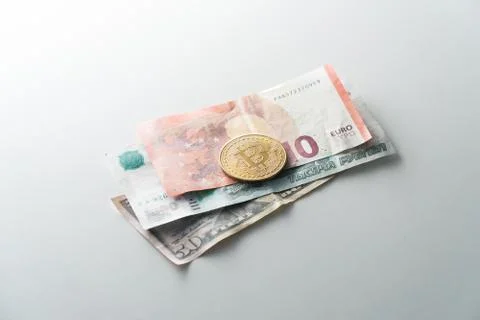 Banknotes of different countries of the world closeup on the table. Stock Photos