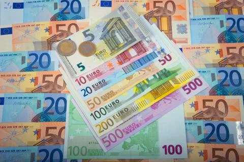 Banknotes of euros on a table Stock Photos