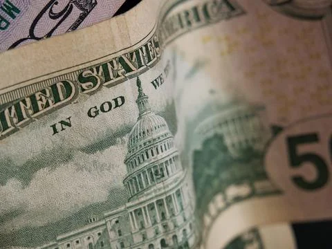 Banknotes with a face value of 50 dollars close-up. American paper money. Stock Photos