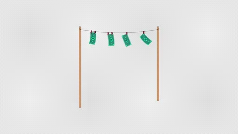Banknotes hanging from clothesline with clothespins 2D cartoon object animation Stock Footage 340880069