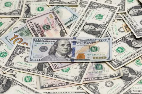 Banknotes macro pattern with dollars. Dollars currency banking layout. Doll.. Stock Photos