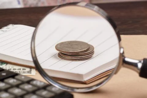 Banknotes, notepad, calculator Stock Photos