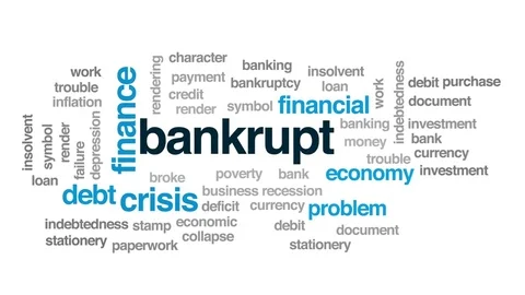 Bankrupt animated word cloud, text design animation. Stock Footage