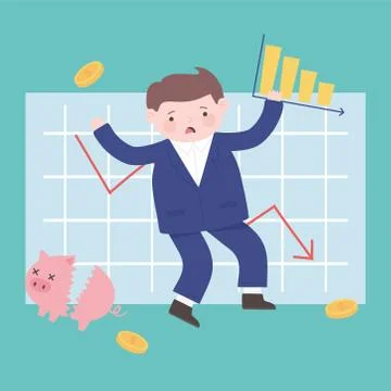 Bankruptcy man collapse chart broken piggy bank coins money business financial Stock Illustration