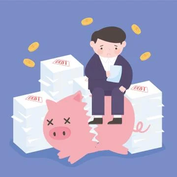 Bankruptcy man sitting on stack of papers debt and broken piggy bank falls coins イラスト素材