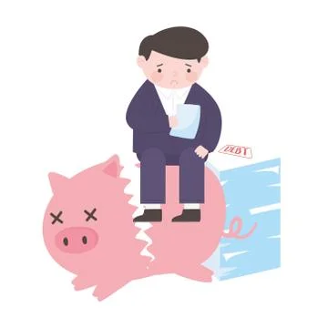 Bankruptcy man sitting on stack of papers debt and broken piggy bank falls coins Stock Illustration