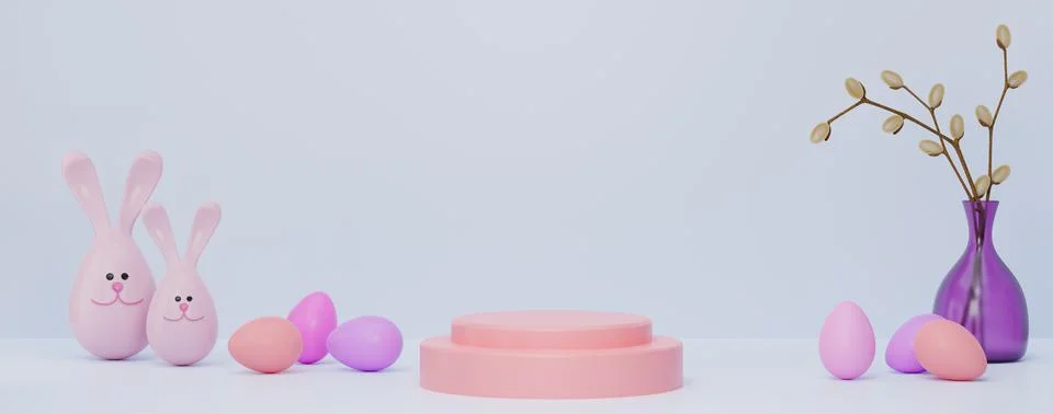 Banner. 3d illustration of Easter decor. Easter eggs, rabbits, a vase with sp 스톡 일러스트