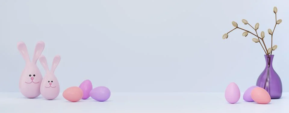 Banner. 3d illustration of Easter decor. Easter eggs, rabbits, a vase with sp 스톡 일러스트