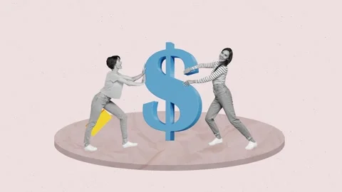Banner 3d motion collage video of two happy girls partners stand dollar arrow Stock Footage 312316477