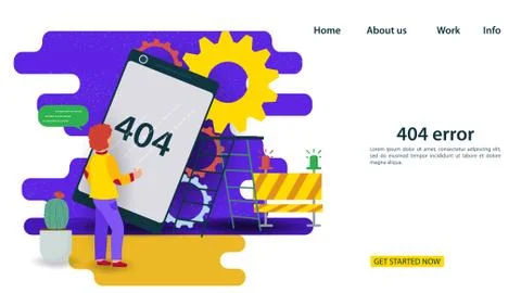 Banner 404 error Internet connection problems a person looks at a phone with Stock Illustration