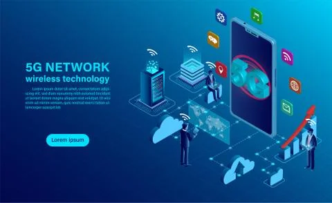 Banner 5G network wireless technology concept. smartphone with big letters 5g Stock Illustration