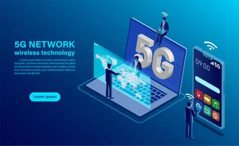 Banner 5G network wireless technology concept. smartphone with big letters 5g Stock Illustration