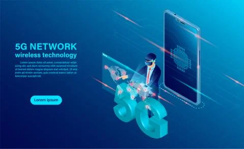 Banner 5G network wireless technology concept. mobile phone with cpu icon. Co Stock Illustration