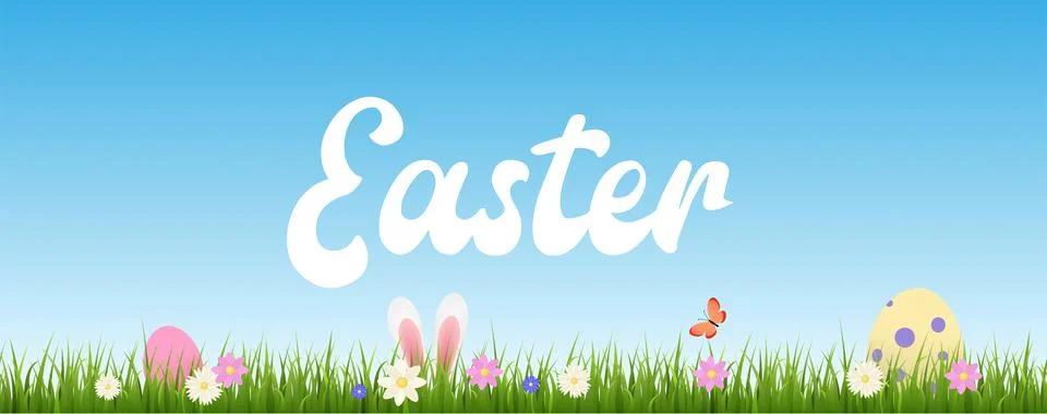 Banner about Easter with green grass border and sky flat style Stock Illustration