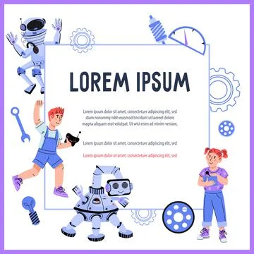 Banner for advertising robotics and programming school for kids, flat vector. Illustrazione stock
