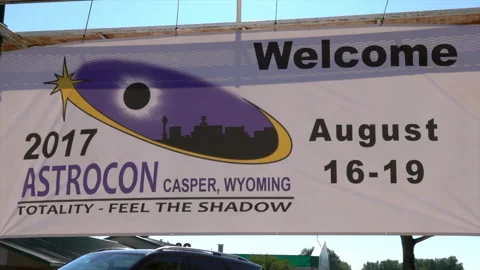 Banner for AstroCon 2017 hangs outside venue in Casper, Wyoming. Stock Footage 313276239