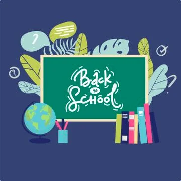 Banner back to school text drawing by colorful chalk in blackboard with school Stock Illustration