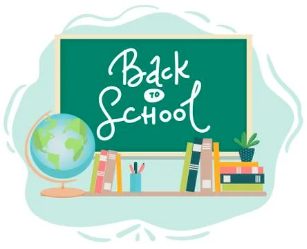 Banner back to school text drawing by colorful chalk in blackboard with school Stock Illustration