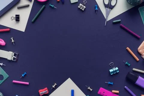 Banner Background back to school with copy space. Stationery pencil pen ruler Stock Photos