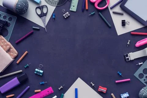 Banner Background back to school with copy space. Stationery pencil pen ruler Stock Photos