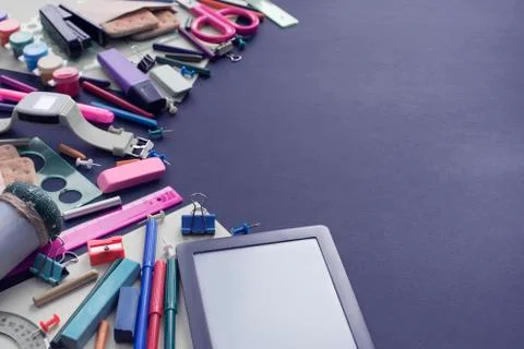 Banner Background back to school with copy space. Stationery pencil pen ruler Stock Photos