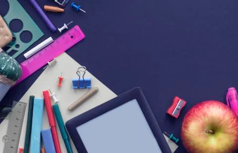 Banner Background back to school with copy space. Stationery pencil pen ruler Stock Photos