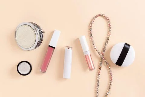 Banner background with flatlay cosmetics on delicate pink background. Makeup Stock Photos