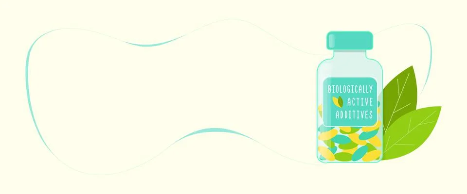 Banner Biologically Active Additives BAA Dietary supplements, bottle vitamins Stock Illustration