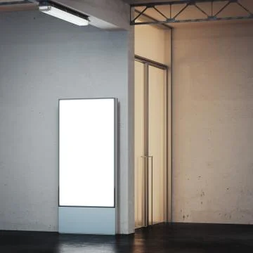 Banner with bright screen in underground interior. 3d rendering Ilustración de archivo