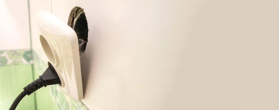 Banner with a broken electric socket. broken electric socket danger banner... Stock Photos