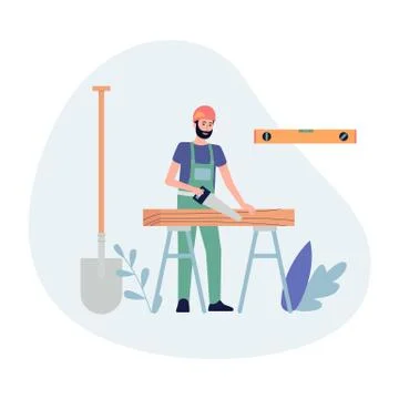 Banner with builder or construction worker flat vector illustration isolated. Stock Illustration