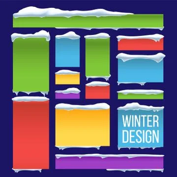 Banner, Button With Snow Caps Vector. Seasonal Snowfall Background. Frozen Stock Illustration