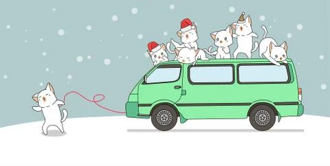 Banner cat character is dragging van with friends Stock Illustration
