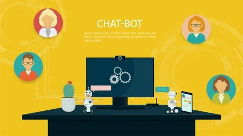 Banner chat bots on the computer table next to the monitor and phone the conc Ilustración de archivo