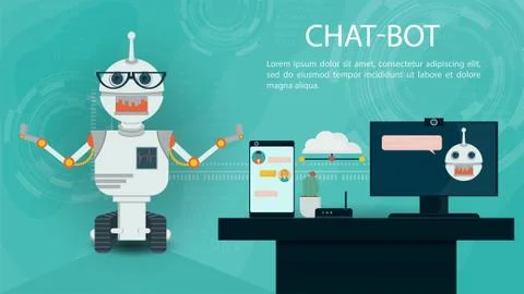 Banner Chatbot Virtual Help between computer and phone For Website Or Mobile Illustrazione stock