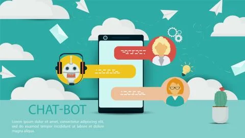 Banner Chatbot of Virtual help in the phone conducts a chat among the clouds Stock Illustration