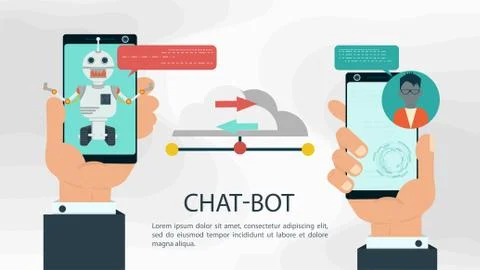 Banner Chatbot Virtual Help two hands with phones transmit information to eac Stock Illustration