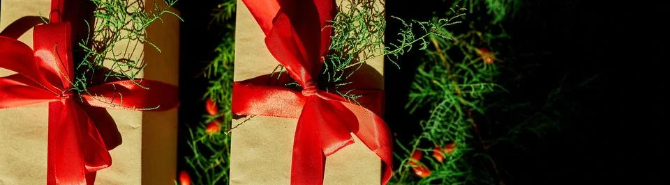 BANNER   Christmas eco friendly packaging kraft paper and fir branches gifts  Stock Photos
