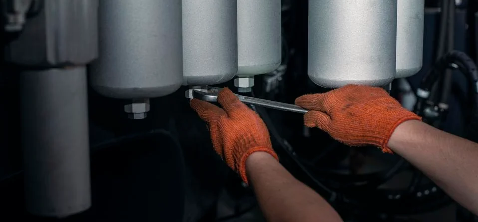 Banner with close up view of maintenance process of hydraulic pipes and oil f Stock Photos
