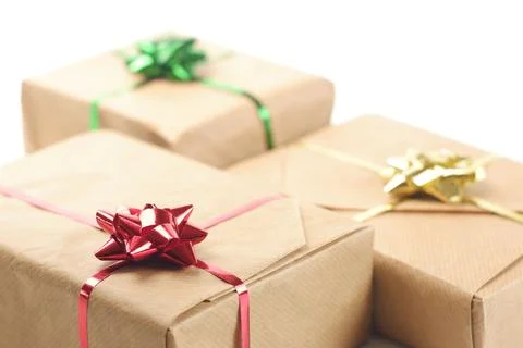 Banner composition from gift boxes, covered by brown craft paper 스톡 사진