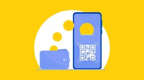 Banner concept of scanning a QR code on a smartphone for payment. Flat style Illustrazione stock