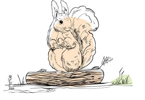 Banner with cute squirrels in different poses, on a log, with a nut with a bird Stock Illustration
