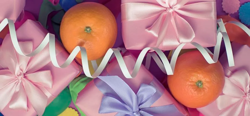 Banner Decorative composition five boxes with gifts Satin ribbon Bow Oranges  Stock Photos