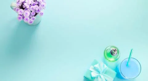 Banner Decorative composition flat lay set of items flowers perfume cocktail  Stock Photos