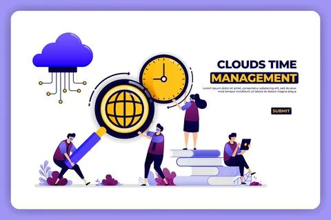 Banner design of clouds time management. time management of cloud storage wor Stock Illustration