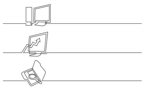 Banner design - continuous line drawing of business icons: desktop computer,  Stock Illustration
