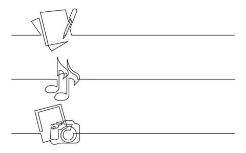 Banner design - continuous line drawing of business icons: documents, music f Stock Illustration